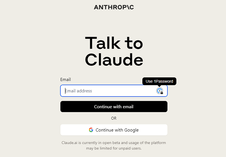 Capture d'écran de la page de connexion à l'aide de son adresse email à Anthropic Claude