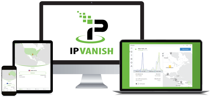 Laptop, Tablet, Smartphone and Desktop PC showing the IPVanish VPN Logo and App interfaces