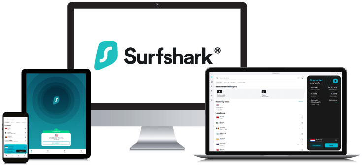 Laptop, Tablet, Smartphone and Desktop PC showing the Surfshark VPN Logo and App interfaces