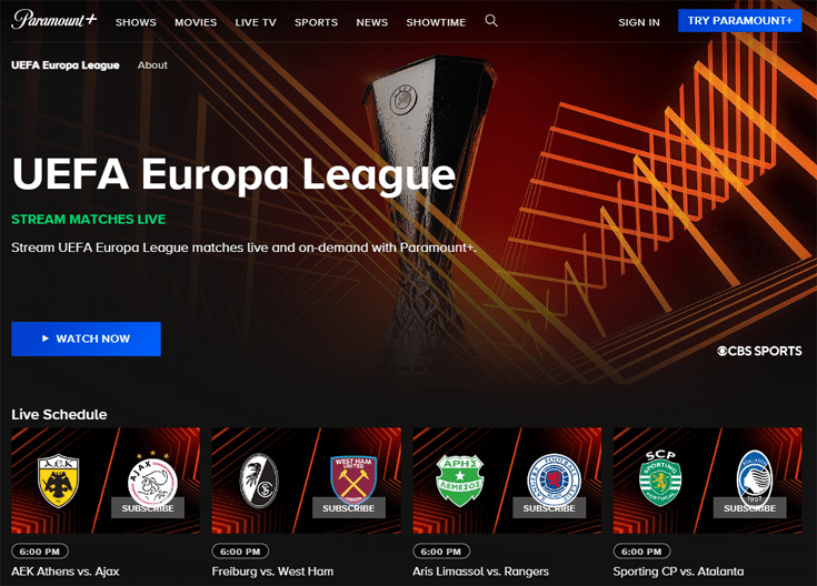 Screenshot der UEFA Europa League bei Paramount+