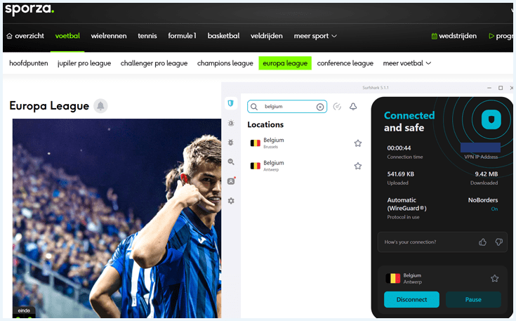 Screenshot Europa League im Live-Stream bei Sporza, mit einem Surfshark Server in Belgien