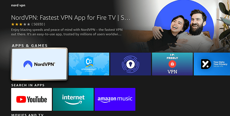 Screenshot Fire TV Appstore, Suche nach NordVPN
