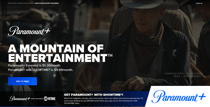 Screenshot der Paramount Plus Homepage, Juli 2023, Logo hinzugefügt