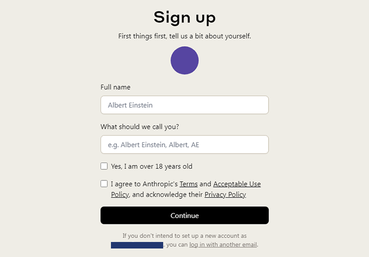 Enter Sign up information, Anthropic Claude