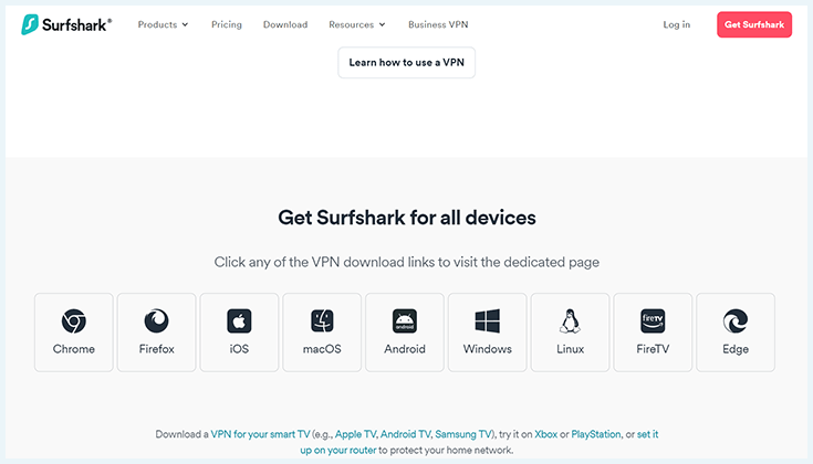 Ein Screenshot von der Surfshark-Webseite zeigt die verfügbaren VPN-Apps für verschiedene Geräte.