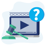 Symbol Ist Streaming legal? Bildschirm mit Play-Button, Fragezeichen und Legal-Zeichen im Vordergrund