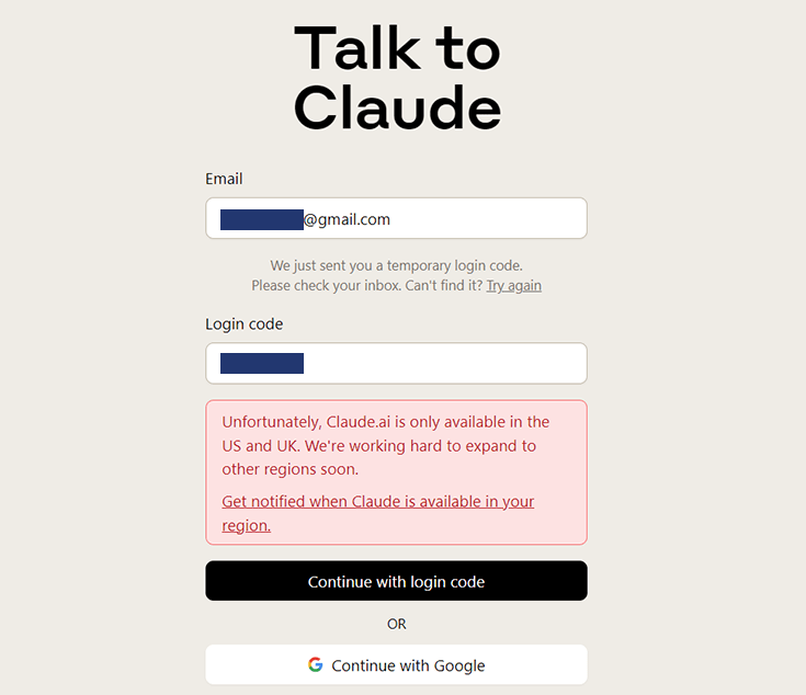 Screenshot Claude AI Geoblockade
