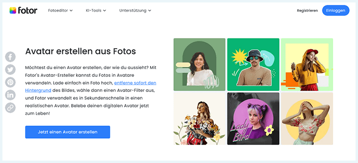 Screenshot Startseite Fotor AI Avatar
