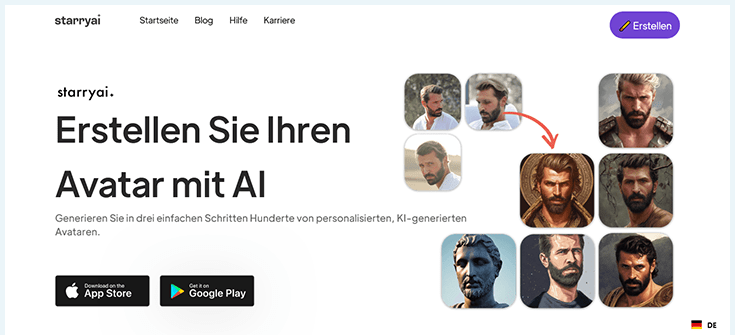Screenshot Startseite Starrytars Starry AI