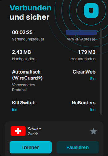 Screenshot von Surfshark mit Server in der Schweiz