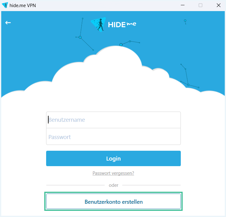 Hide.me Button für Benutzerkontoerstellung in Grün markiert
