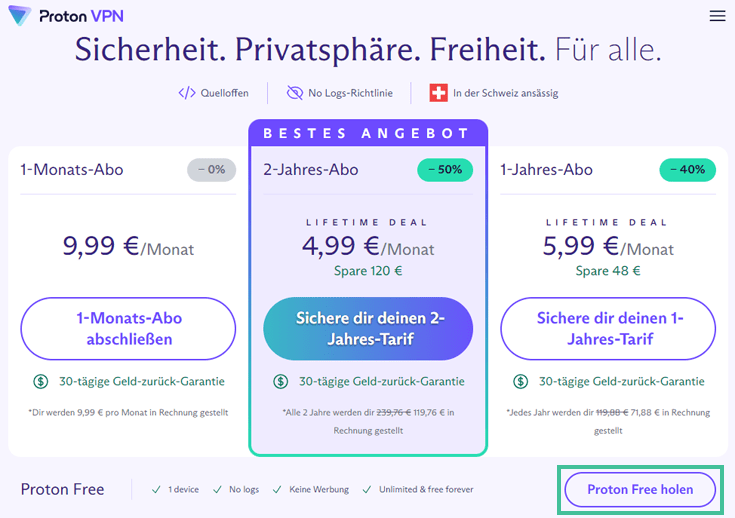 Preispakete von Proton VPN mit kostenloser Option grün umrandet.