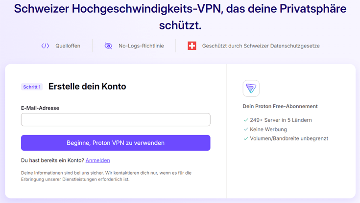 Kontoerstellung bei Proton VPN