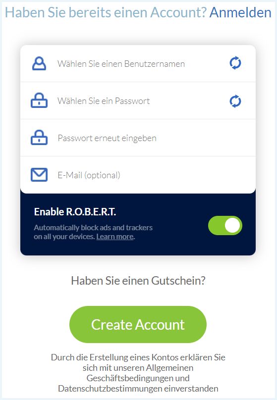 Anmeldeformular von Windscribe