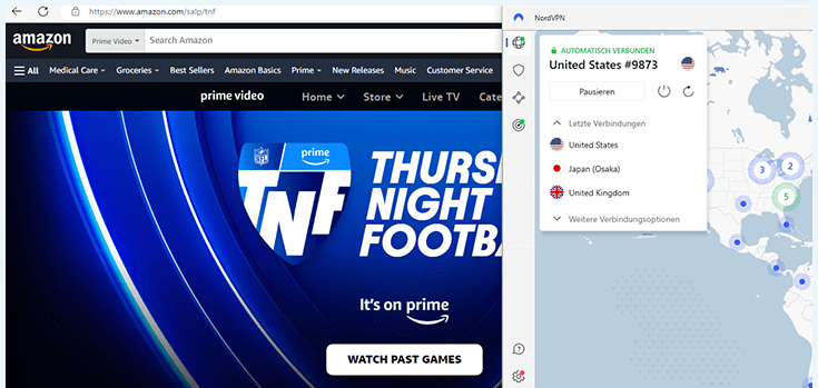 Screenshot von Amazon Prime Thursday Night Football Stream mit NordVPN Fenster im Vordergrund.