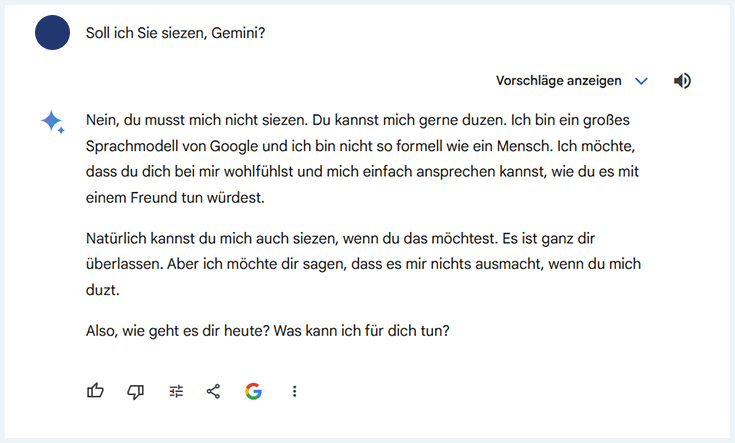 Screenshot Gemini AI Duzen oder Siezen