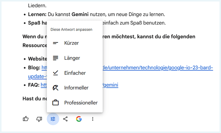 Screenshot Antwort-Optionen bei Gemini AI