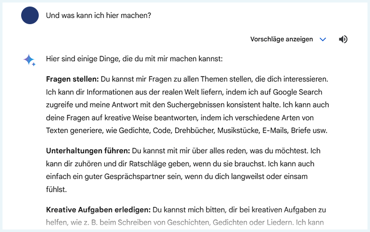 Screenshot Gemini AI von Google: Antwort von Gemini auf Frage nach 