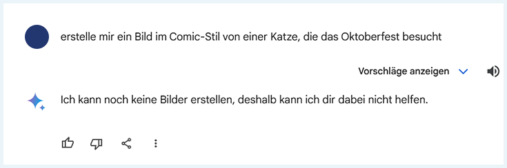 Gemini AI Screenshot der Antwort: kann keine Bilder