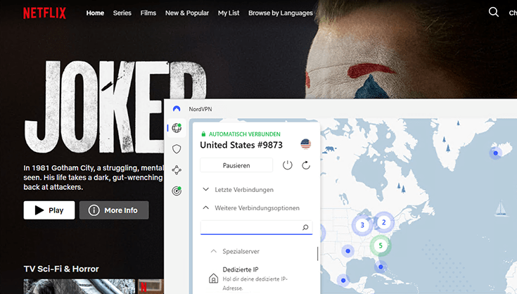 Screenshot der Netflix USA Startseite mit Verbindungsmonitor über NordVPN im Vordergrund.