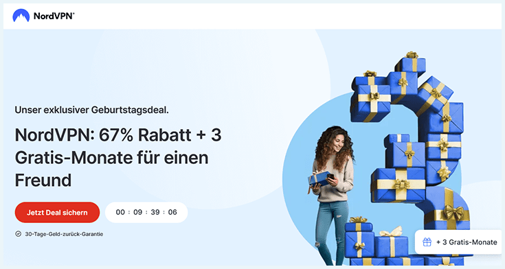 Screenshot der deutschen Startseite von NordVPN mit Rabattangebot