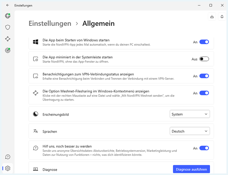 Screenshot der NordVPN allgemeinen Einstellungen.