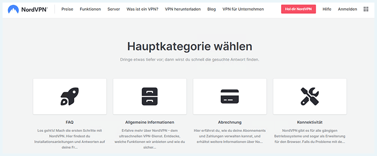 Screenshot der Hilfekategorien auf der NordVPN Webseite.