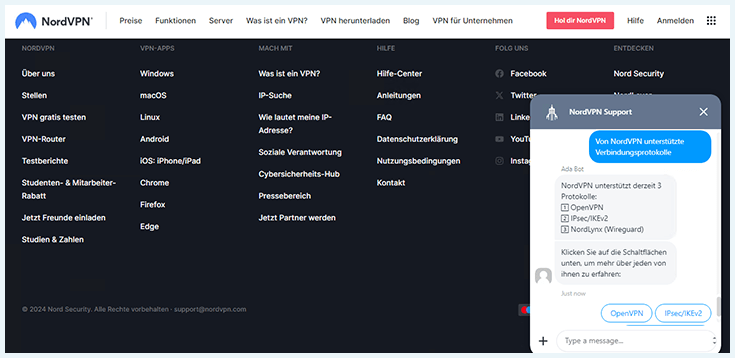 Screenshot des NordVPN Live-Chats mit Antworten zu Verbindungsprotokollen.