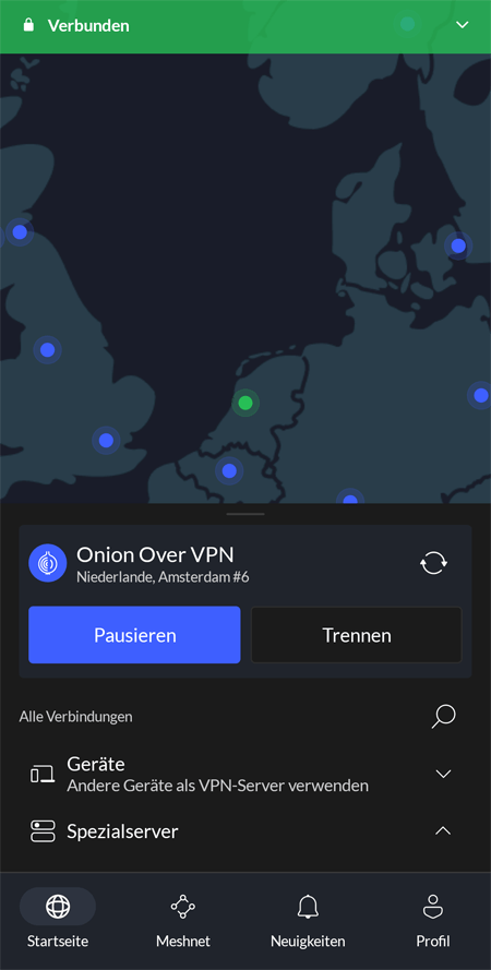 Screenshot von der mobilen NordVPN-App, bei der Onion Over VPN aktiv ist