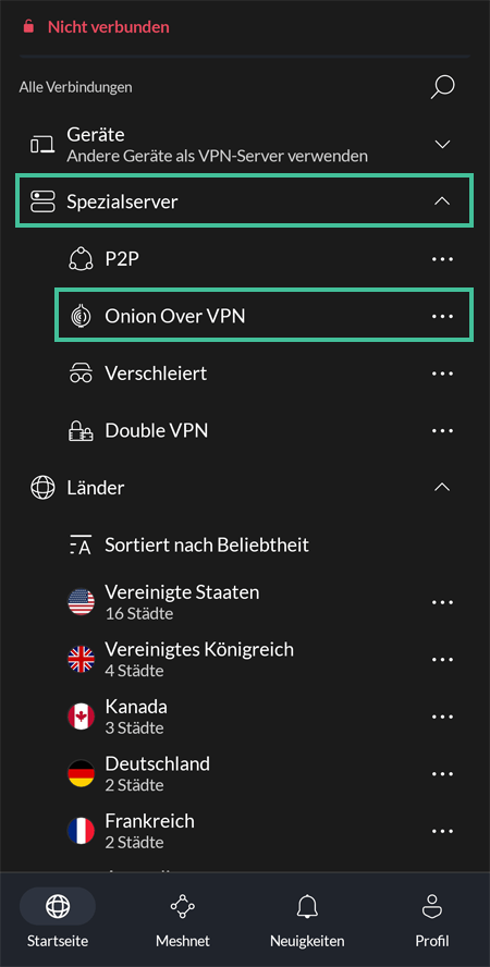 Screenshot der mobilen NordVPN-App mit Markierungen für "Spezialserver" und "Onion over VPN"