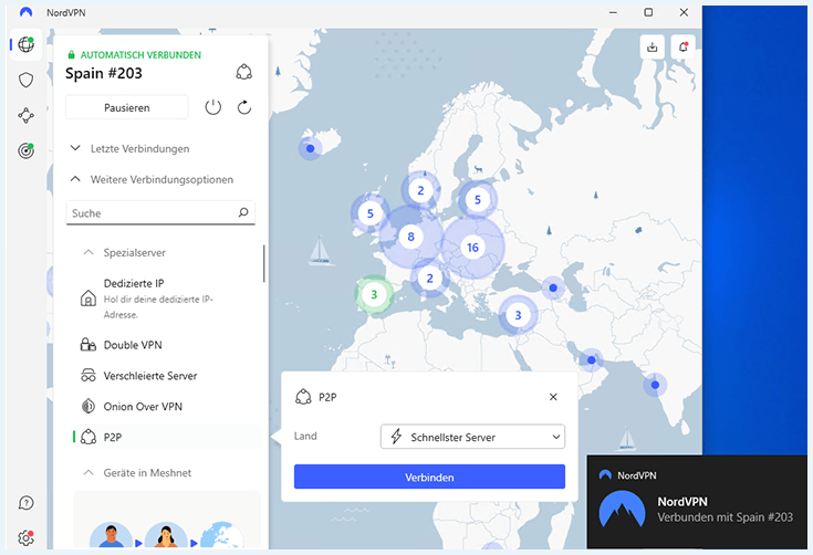 Screenshot der automatischen Verbindung mit dem schnellsten Server im NordVPN Client.