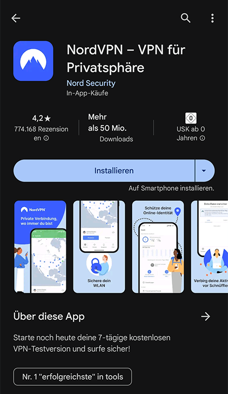 Screenshot der NordVPN-App im Play Store