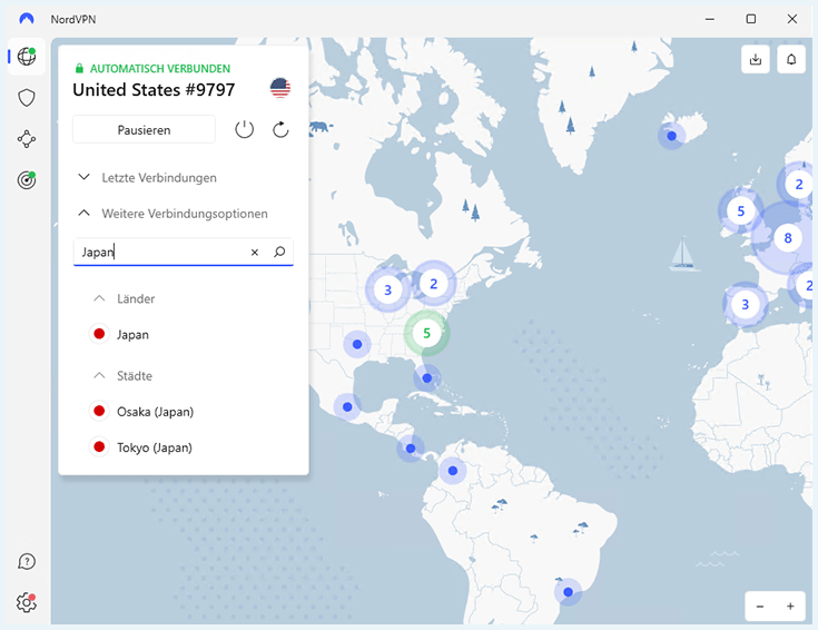 Screenshot der NordVPN Software mit Suchfunktion nach einem Server im Ausland.