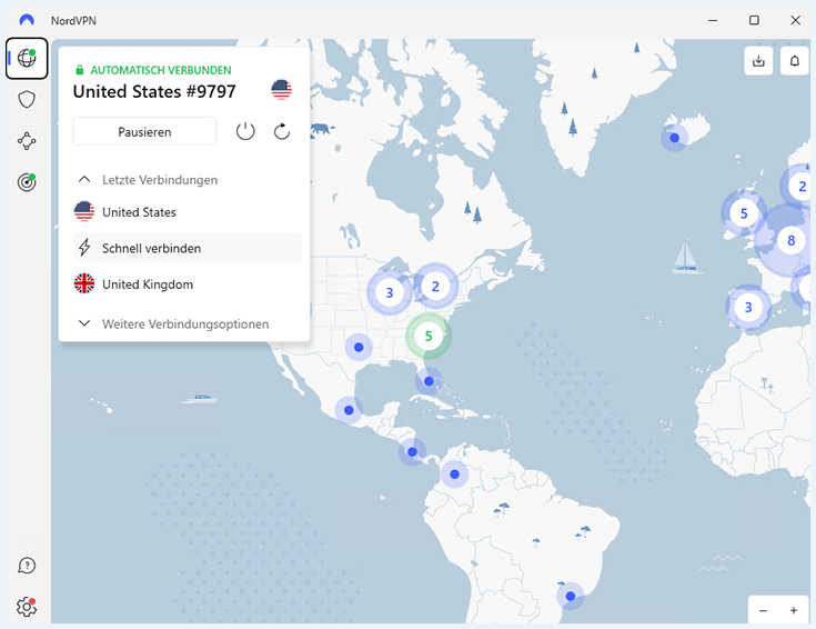 Screenshot der Verbindung mit einem US-Server in der NordVPN Software.