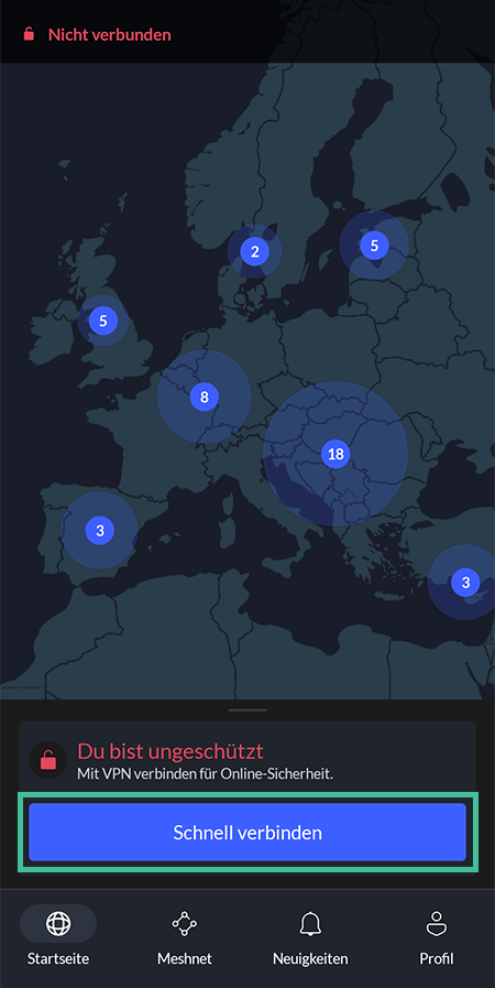 Mobile Benutzeroberfläche von NordVPN mit Markierung für "Schnell verbinden"