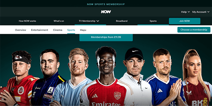 Screenshot der NowTV Streaming Seite für Sportstreams