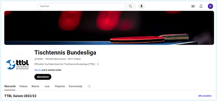 Screenshot Youtube-Kanal TTBL (Tischtennis Bundesliga) Feb 2024