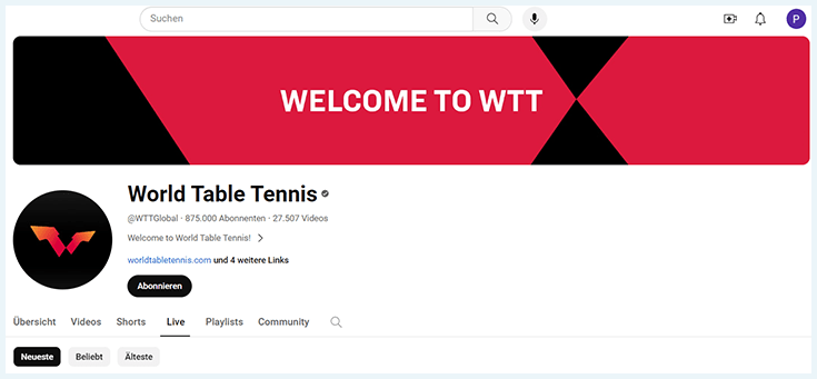 Screenshot YouTube-Kanal WTT (Word Tischtennis), Februar 2024
