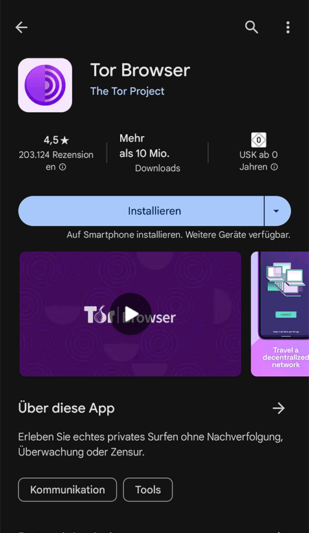 Screenshot des Tor Browsers im Play Store