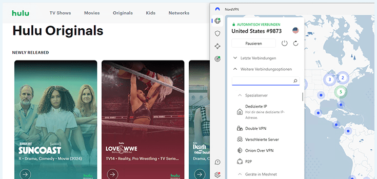 Screenshot der Hulu Startseite mit US-VPN-Verbindung über NordVPN im Vordergrund.