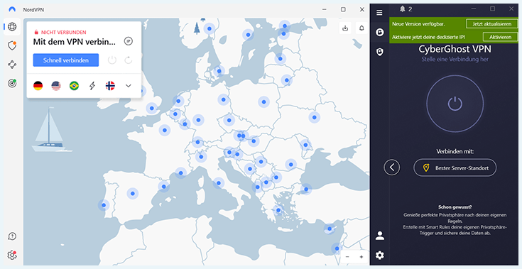 Sreenshot von den Benutzeroberflächen von CyberGhost und NordVPN