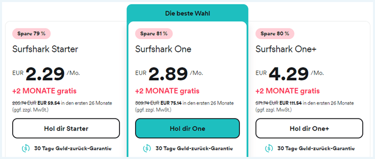 Drei Preis-Pakete von Surfshark