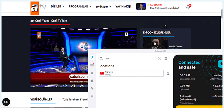 Screenshot des türkischen Senders ATV entsperrt mit Surfshark VPN