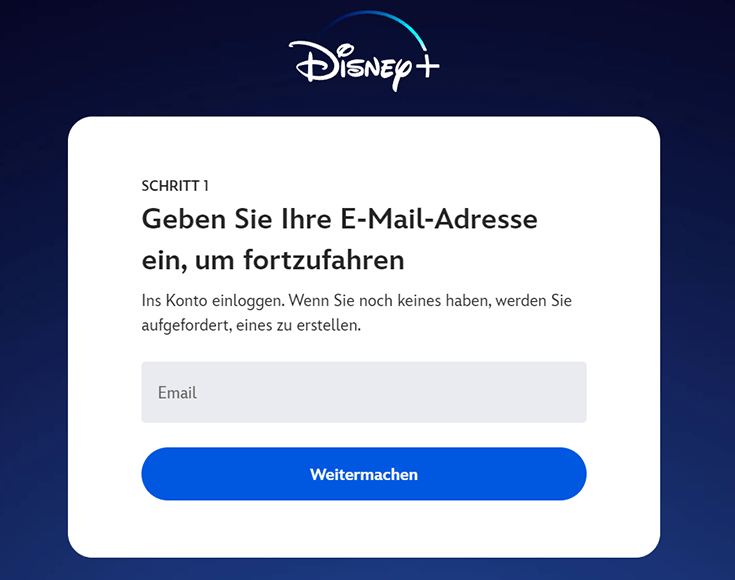 Anmelde-Bildschirm von Disney Plus