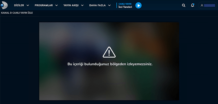 Screenshot des türkischen Senders Kanal D mit Meldung über Geo-blockierte Inhalte