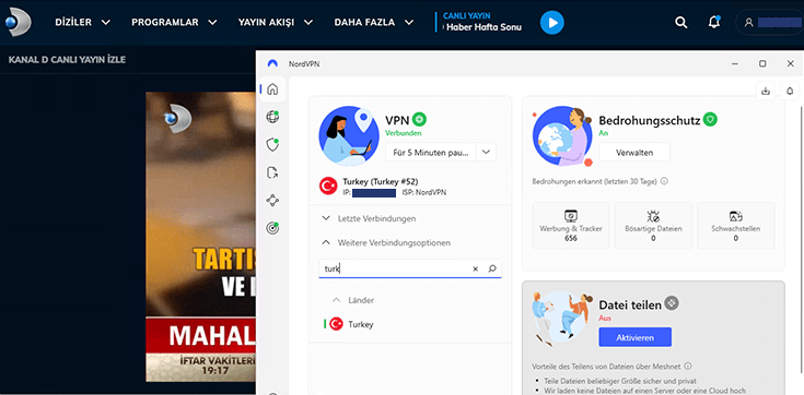 Screenshot des türkischen Senders Kanal D entsperrt mit NordVPN