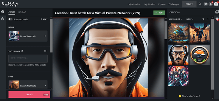 Screenshot von NightCafe Editor zum KI-Bilder Generieren