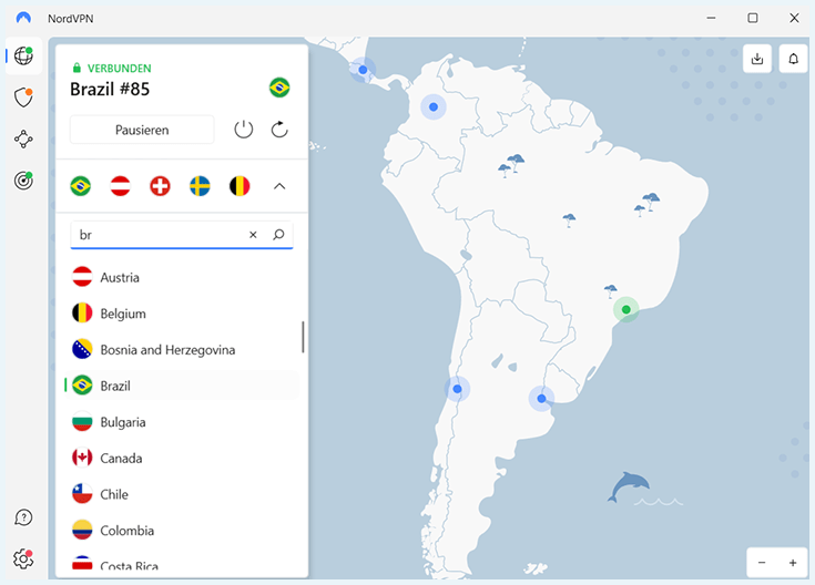 NordVPN Benutzeroberfläche zeigt eine VPN-Verbindung mit Brasilien