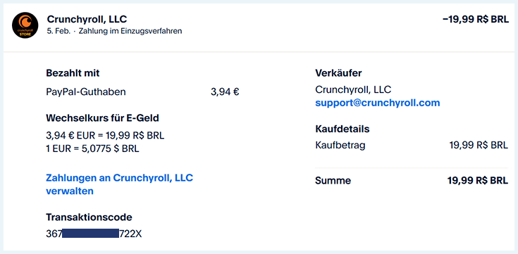 Screenshot einer Zahlung auf PayPal für Crunchyroll