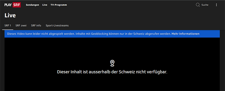 Screenshot SRF Livestreams gesperrt in Deutschland